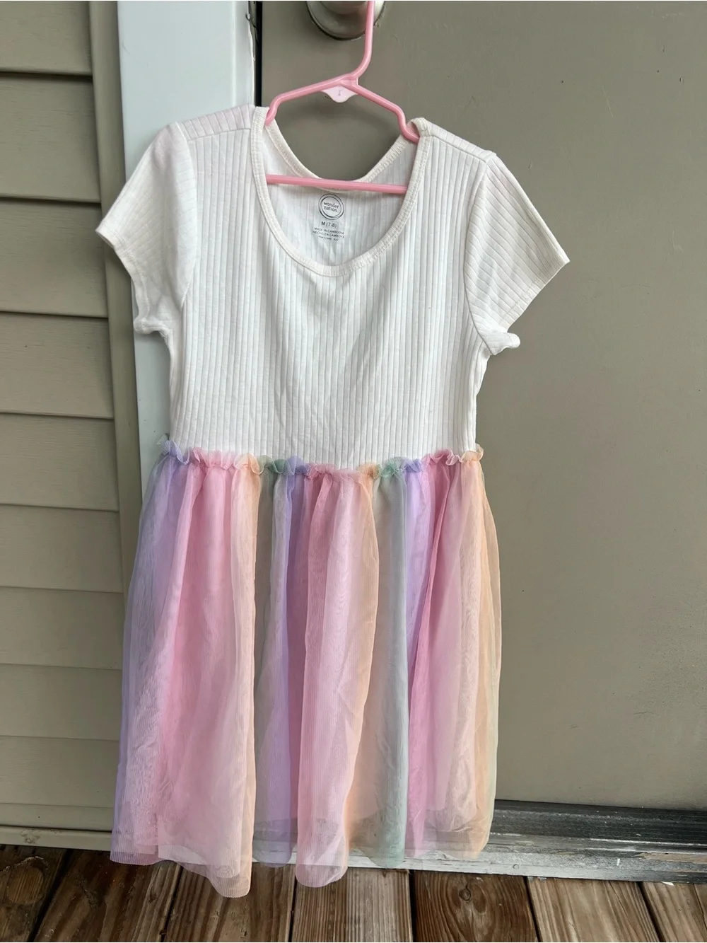 Girls White Dress with Pastel Rainbow Tulle Skirt